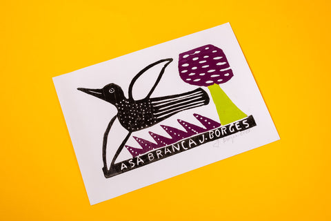 "Asa Branca" Woodcut Print by J. Borges, Signed By The Artist, Purple