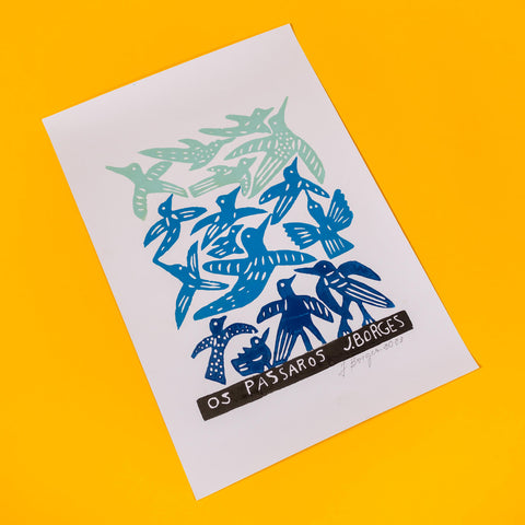 "Os Pássaros" Woodcut Print by J. Borges, Signed By The Artist, Blue