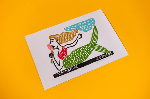 "Yemanjá" Woodcut Print by J. Borges, Signed By The Artist