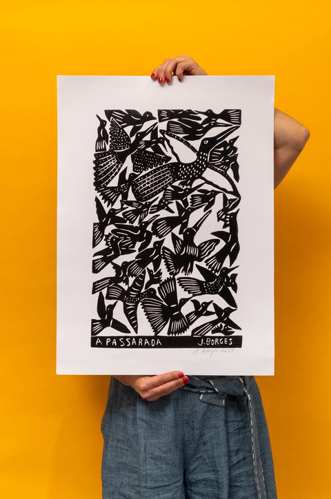 "A Passarada" Woodcut Print by J. Borges, Signed By The Artist, Black & White