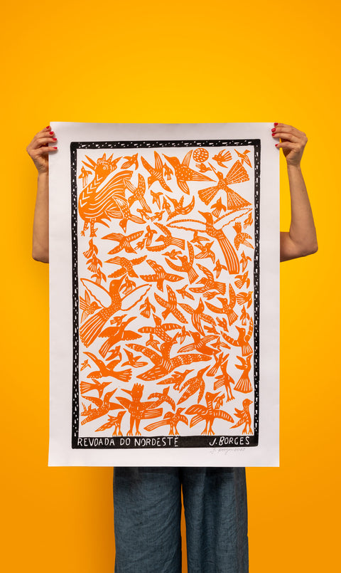 "Revoada do Nordeste" Woodcut Print by J. Borges, Signed By The Artist, Orange