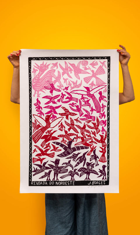 "Revoada do Nordeste" Woodcut Print by J. Borges, Signed By The Artist, Pink