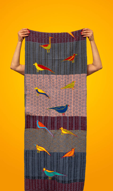 “Birds” Table Runner, Blue & Light Pink, 250 cm x 55 cm