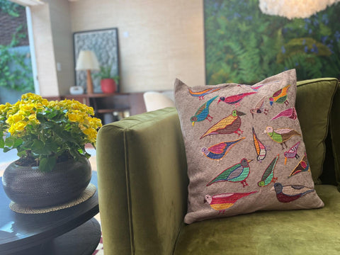 “Birds” in Beige Large Cushion, 58 cm x 58 cm