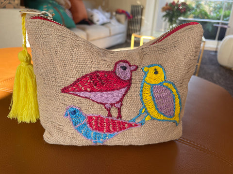 “Birds” Handwoven and Hand Embroidered Small Washbag