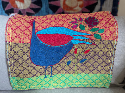 Handwoven and Hand Embroidered Large Blue Bird Wall Hanging