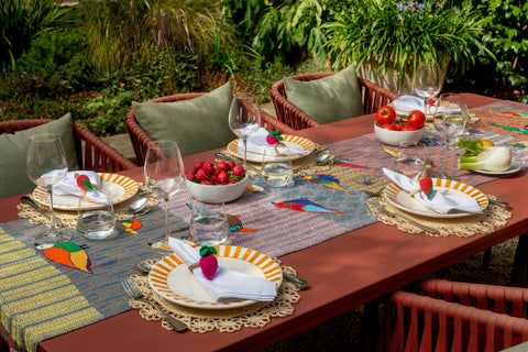 “Birds” Table Runner, Blue & Light Pink, 250 cm x 55 cm