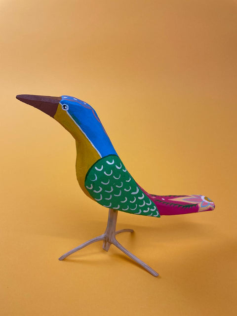 Colourful Bird Wooden Small Sculpture by artists Jamile and Jailton