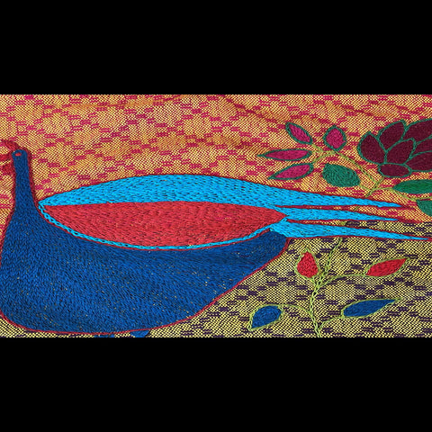 Handwoven and Hand Embroidered Large Blue Bird Wall Hanging